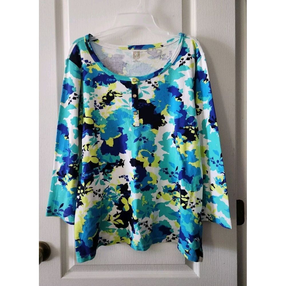 Anne klein‎ Women's Floral Top Round Neck Long Sleeve Cotton Blue Green Size XL - Picture 2 of 8